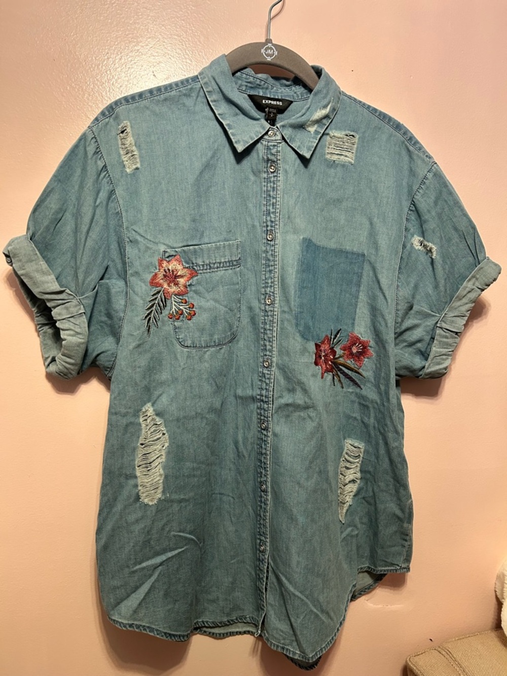 Express Light Blue Distressed Denim Button-Up Shirt